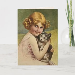 VIKTORIANISCHES MÄDCHEN MIT CAT VINTAGER Grußkarte Karte