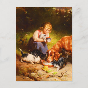 Viktorianisches Mädchen mit Kätzchen und Hund, Fin Postkarte