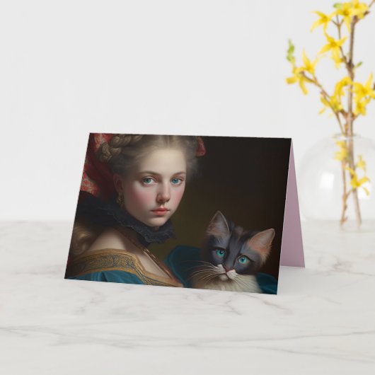 VIKTORIANISCHES MÄDCHEN MIT KATZGEBURTSKARTE KARTE (Gelbe Blume)