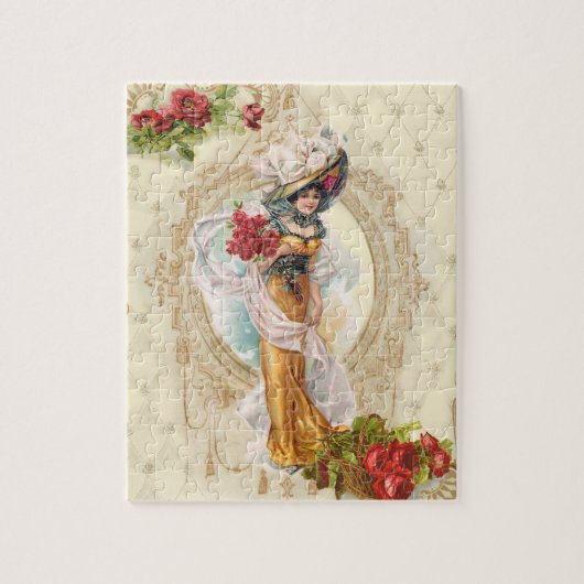 Viktorianisches Mädchen mit Rote Rosen Puzzle (Vertikal)