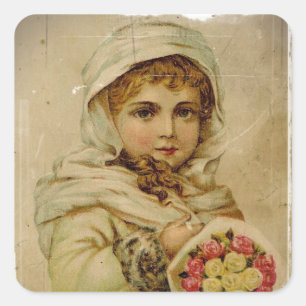 Viktorianisches Mädchen mit Weihnachtsrosen Quadratischer Aufkleber