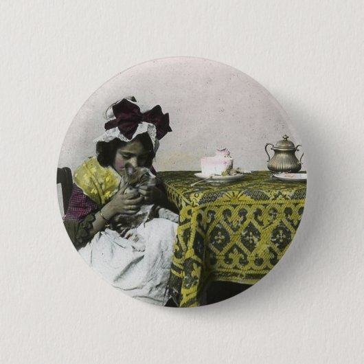 Viktorianisches Mädchen Teestunde mit Kitty Vintag Button (Vorderseite)