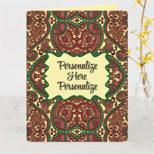 Viktorianisches Paisley-Muster in Rot-Grün Karte (Gelbe Blume)