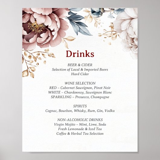 Viktorianisches Peony Luxe Drinks Menü Poster (Vorne)