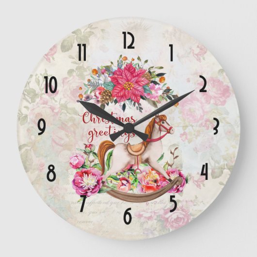Viktorianisches Rocking Horst & Poinsettia Weihnac Große Wanduhr (Vorderseite)
