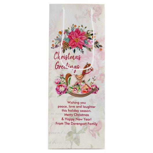 Viktorianisches Rockpferd & Poinsettia Weihnachten Geschenktüte Für Weinflaschen (Vorderseite)