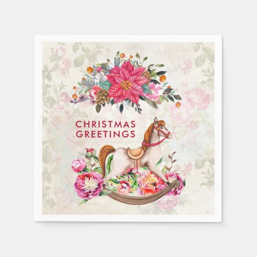 Viktorianisches Rockpferd & Poinsettia Weihnachten Serviette (Vorderseite)