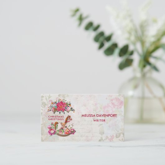 Viktorianisches Rockpferd & Poinsettia Weihnachten Visitenkarte (Stehend Vorderseite)