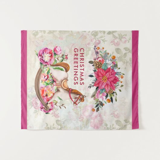 Viktorianisches Rockpferd & Poinsettia Weihnachten Wandteppich (Vorderseite (Horizontal))