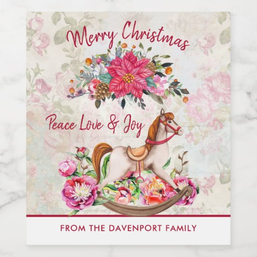 Viktorianisches Rockpferd & Poinsettia Weihnachten Weinetikett (Einzelnes Label)