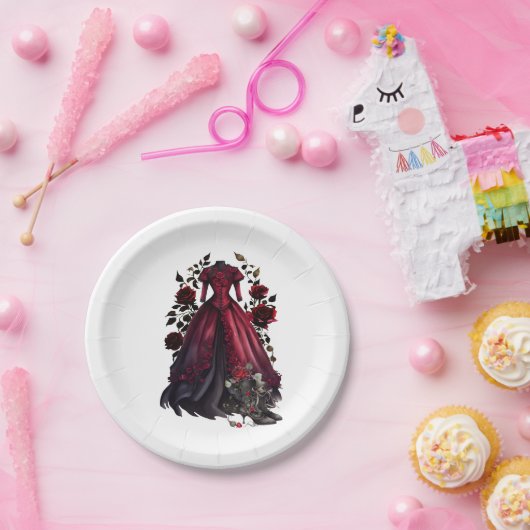 Viktorianisches Rotes Kleid und Heels | Antike Ros Pappteller (Party)