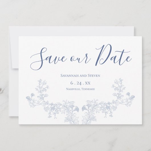 Viktorianisches sanftes blaues Blumen-Save-the-Dat Save The Date (Vorderseite)