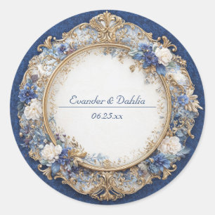 Viktorianisches Saphir Blau Gold Floral Hochzeit Runder Aufkleber
