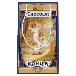 Viktorianisches Schokoladenetikett mit bläulich-el Kleine Geschenktüte