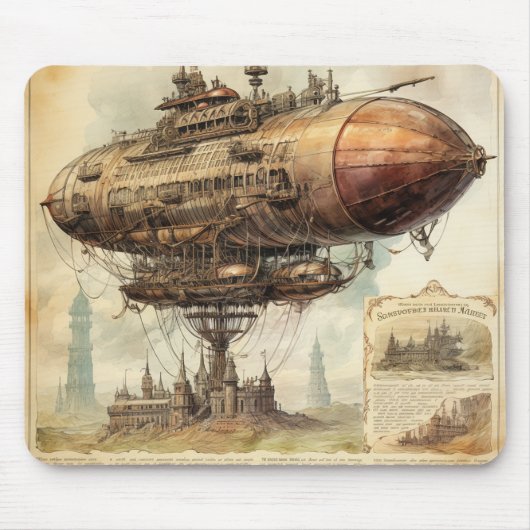 Viktorianisches Sci-Fi-Luftschiff über antiker Sta Mousepad (Vorne)