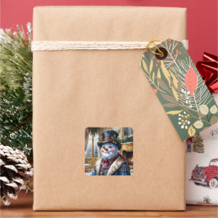 Viktorianisches Snowman Weihnachtsdesign Quadratischer Aufkleber