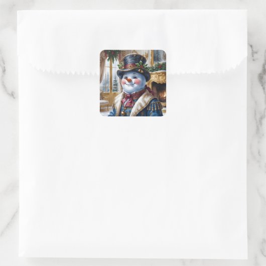 Viktorianisches Snowman Weihnachtsdesign Quadratischer Aufkleber (Tasche)
