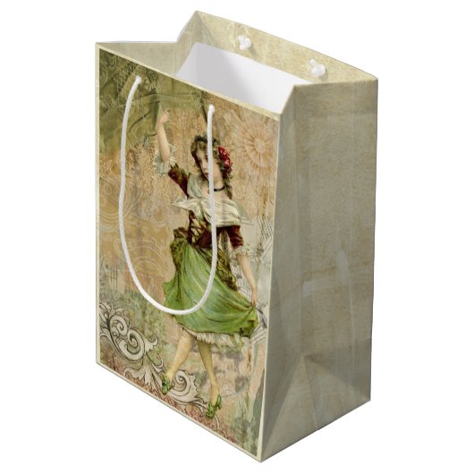 Viktorianisches TanzGirl Green Rote Rose Geschenkt Mittlere Geschenktüte (Rückseite Schrägansicht)