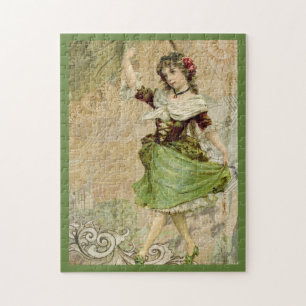 Viktorianisches Tanzmädchen Grüne Rote Rose Puzzle