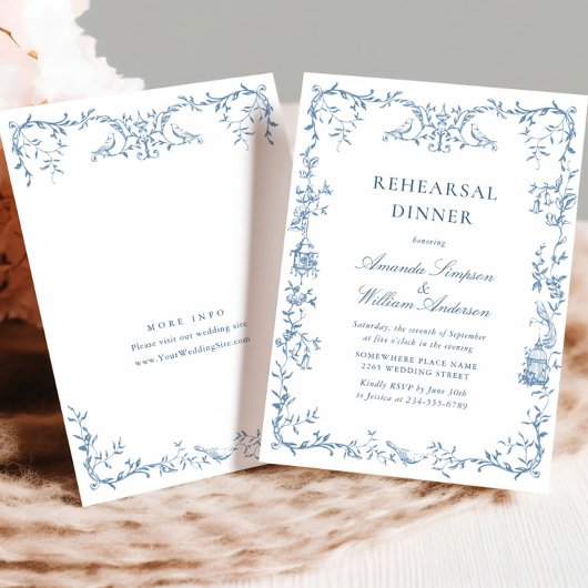 Viktorianisches Verziertes Blue Floral Probe Dinne Einladung