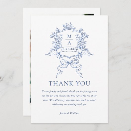 Viktorianisches Verziertes Blumendusty Blue Weddin Dankeskarte (Vorne/Hinten)