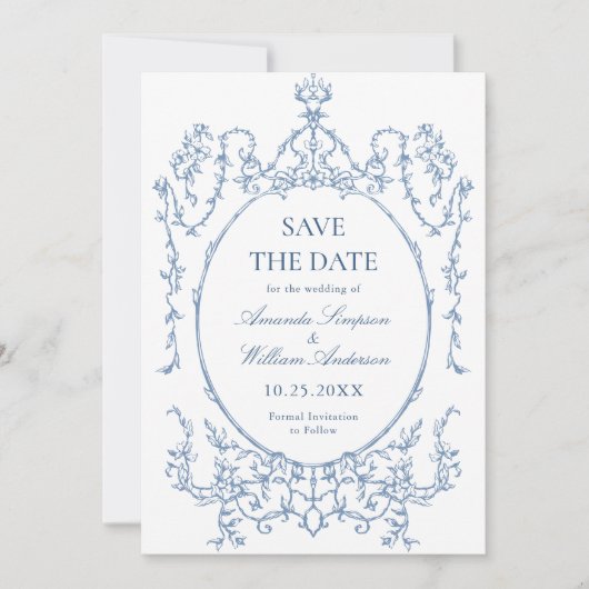 Viktorianisches Verziertes Blumendusty Blue Weddin Save The Date (Vorderseite)