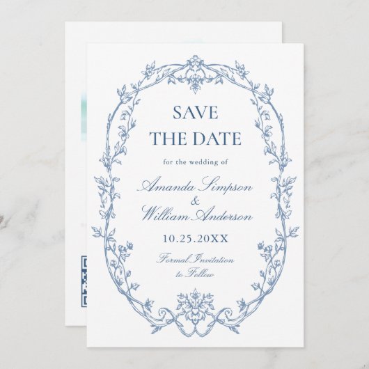 Viktorianisches Verziertes Blumendusty Blue Weddin Save The Date (Vorne/Hinten)