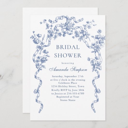 Viktorianisches Verziertes Grace Dusty Blue Brautp Einladung (Vorne/Hinten)