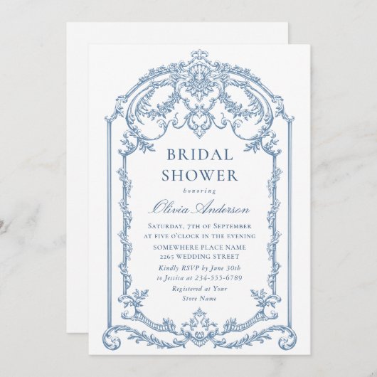 Viktorianisches Verziertes Grace Dusty Blue Brautp Einladung (Vorne/Hinten)