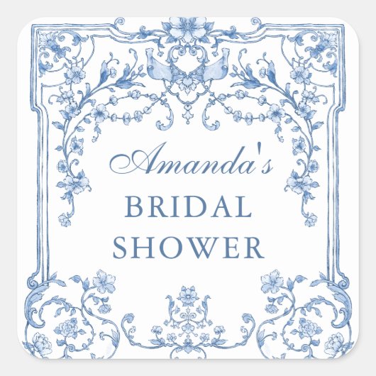 Viktorianisches Verziertes Grace Floral Blue Braut Quadratischer Aufkleber (Vorderseite)