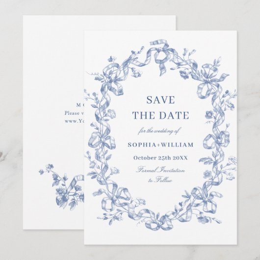 Viktorianisches Verziertes Grace Floral Blue Save  The Date (Vorne/Hinten)