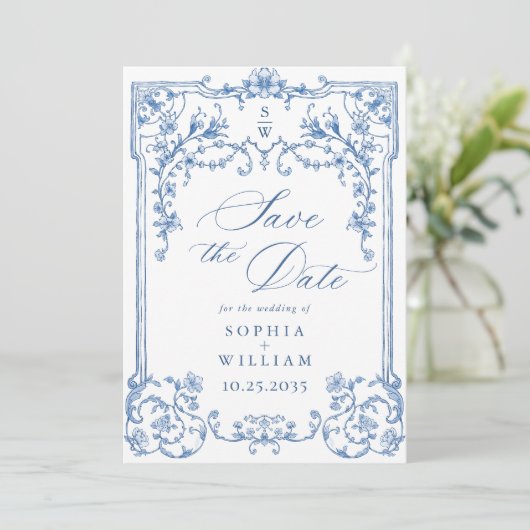 Viktorianisches Verziertes Grace Floral Blue Weddi Save The Date (Stehend Vorderseite)