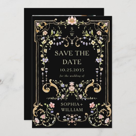 Viktorianisches Verziertes Grace Floral Frame Wedd Save The Date (Vorne/Hinten)