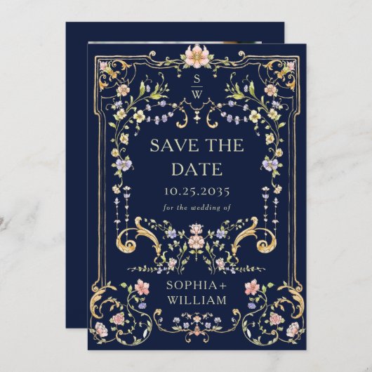 Viktorianisches Verziertes Grace Floral Frame Wedd Save The Date (Vorne/Hinten)