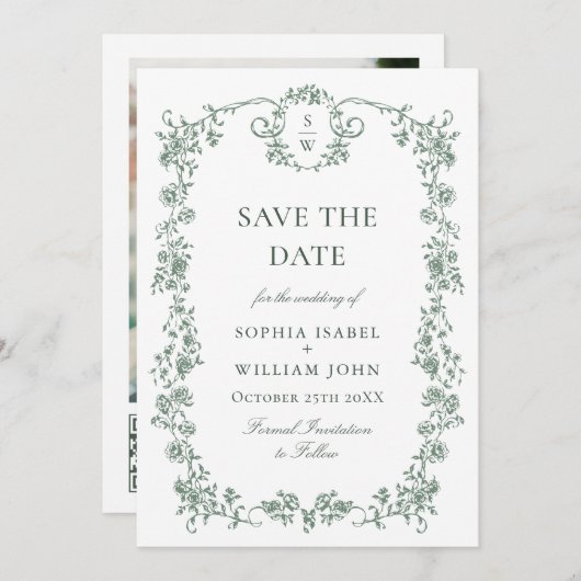 Viktorianisches Verziertes Grace Floral Sage QR Co Save The Date (Vorne/Hinten)