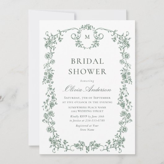 Viktorianisches Verziertes Grace Sage Green BRAUTP Einladung (Vorderseite)