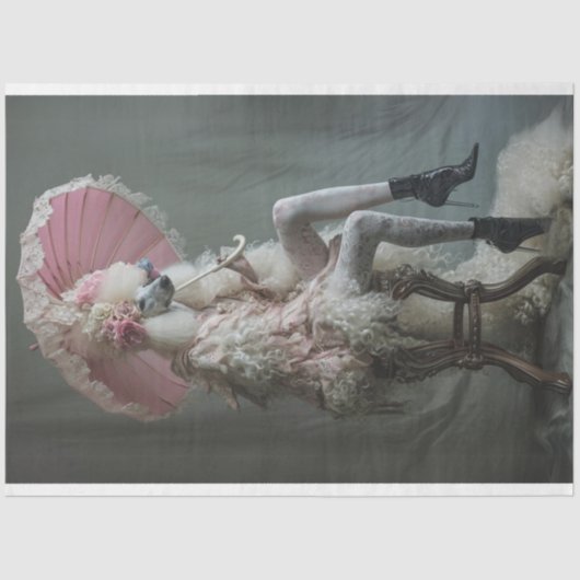 Viktorianisches Vintages weißes Poodle Rosa Decoup Seidenpapier (Vorderseite)