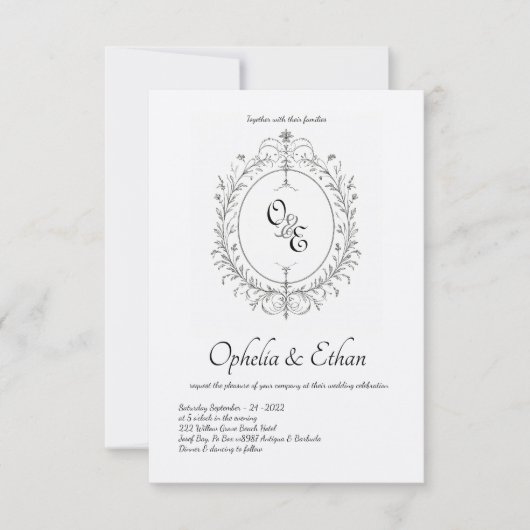 Viktorianisches Wappen Schwarzweiß-Monogramm Einladung (Vorderseite)