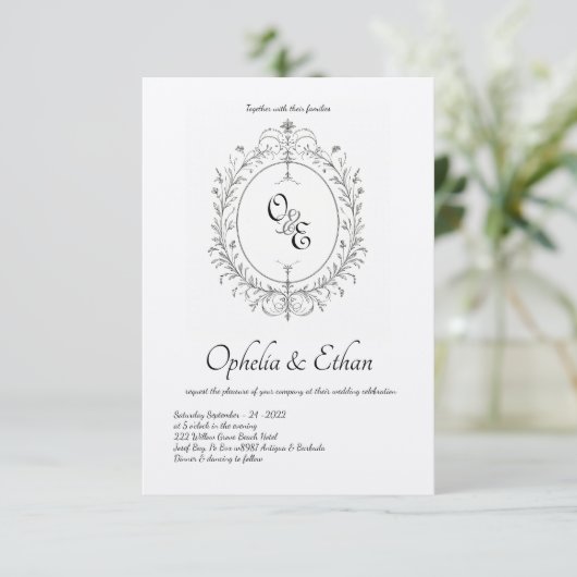 Viktorianisches Wappen Schwarzweiß-Monogramm Einladung (Stehend Vorderseite)