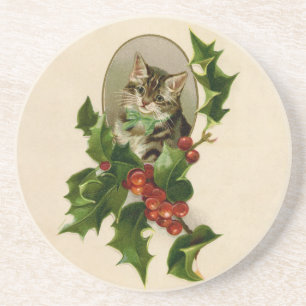 Viktorianisches Weihnachts-Kätzchen in Holly Antik Getränkeuntersetzer
