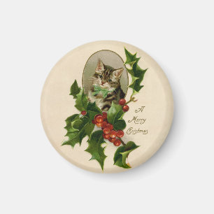 Viktorianisches Weihnachts-Kätzchen in Holly Antik Magnet