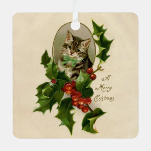 Viktorianisches Weihnachts-Kätzchen in Holly Antik Ornament Aus Metall