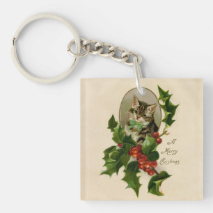 Viktorianisches Weihnachts-Kätzchen in Holly Antik Schlüsselanhänger