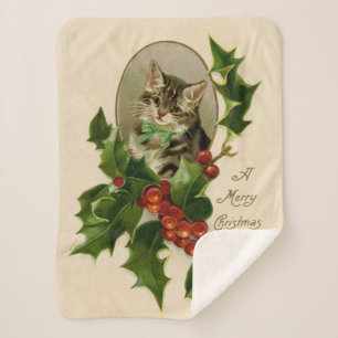 Viktorianisches Weihnachts-Kätzchen in Holly Antik Sherpadecke