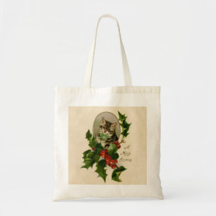 Viktorianisches Weihnachts-Kätzchen in Holly Antik Tragetasche