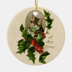 Viktorianisches Weihnachts-Kätzchen in Stechpalme  Keramik Ornament