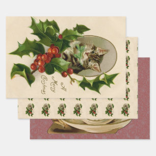 Viktorianisches Weihnachtskitten im antik getigert Geschenkpapier Set
