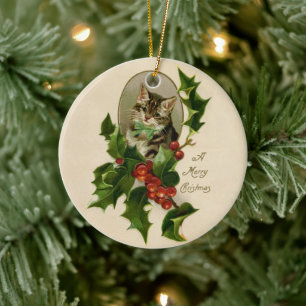 Viktorianisches Weihnachtskitten in Holly Antik Ta Keramik Ornament