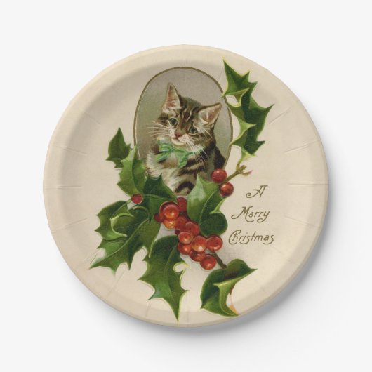 Viktorianisches Weihnachtskittenchen in Antiquater Pappteller (Vorderseite)
