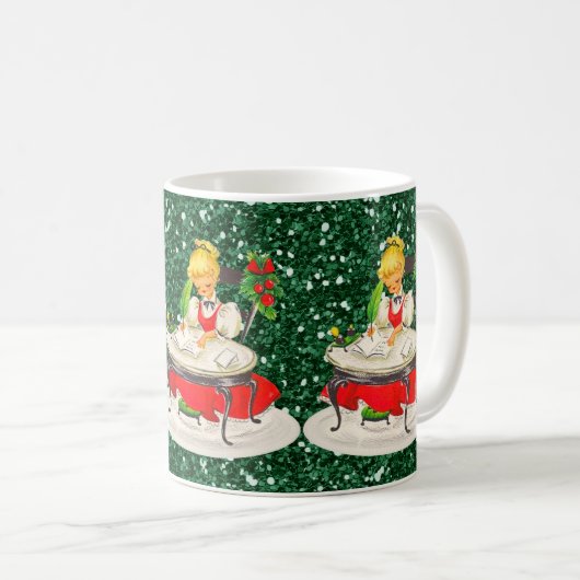 Viktorianisches Weihnachtsmädchen schreibt grüner Kaffeetasse (VorderseiteRechts)